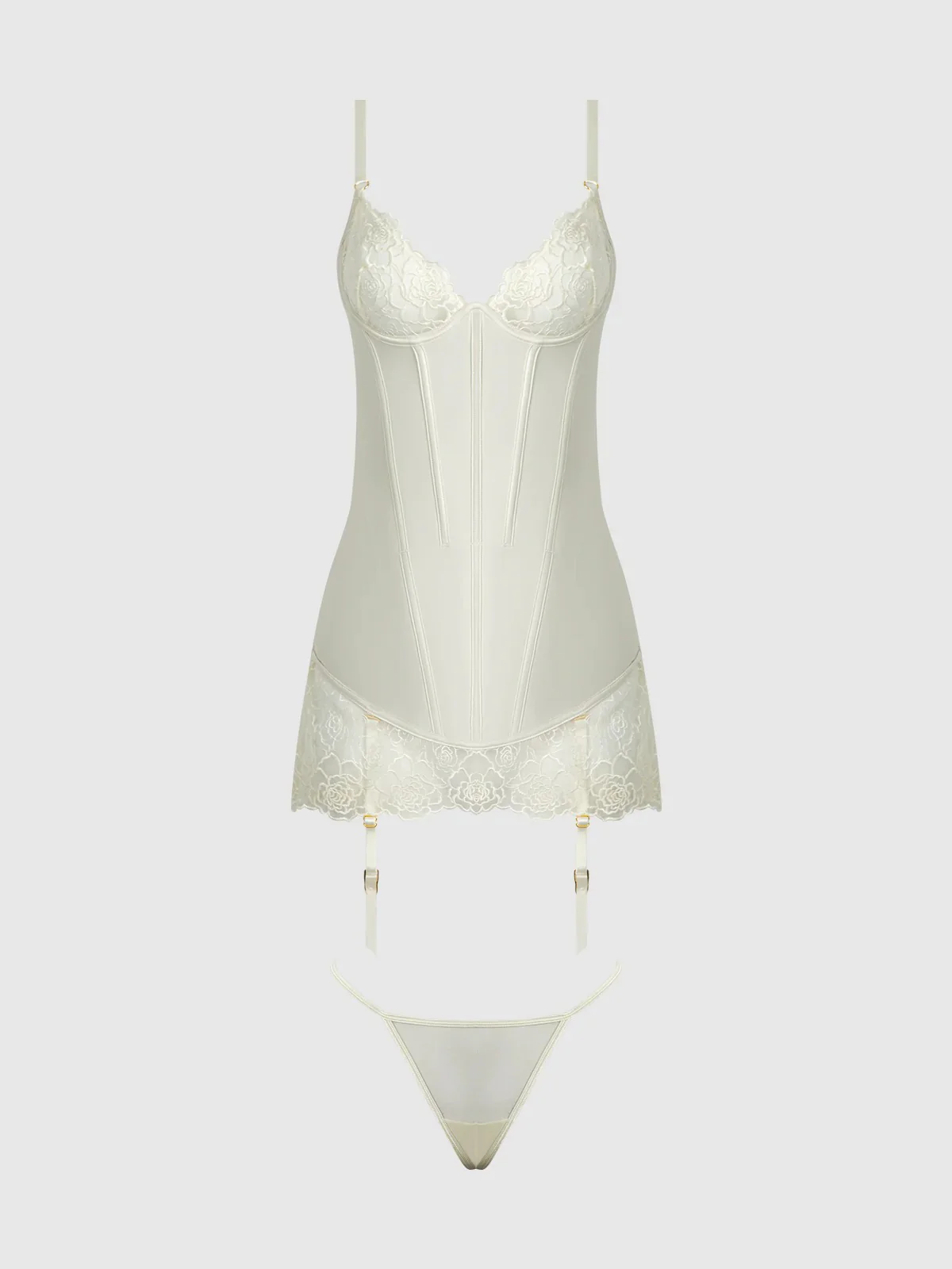 Rosalie Satin & Embroidered Lace Chemise & G-String Set - Image 9
